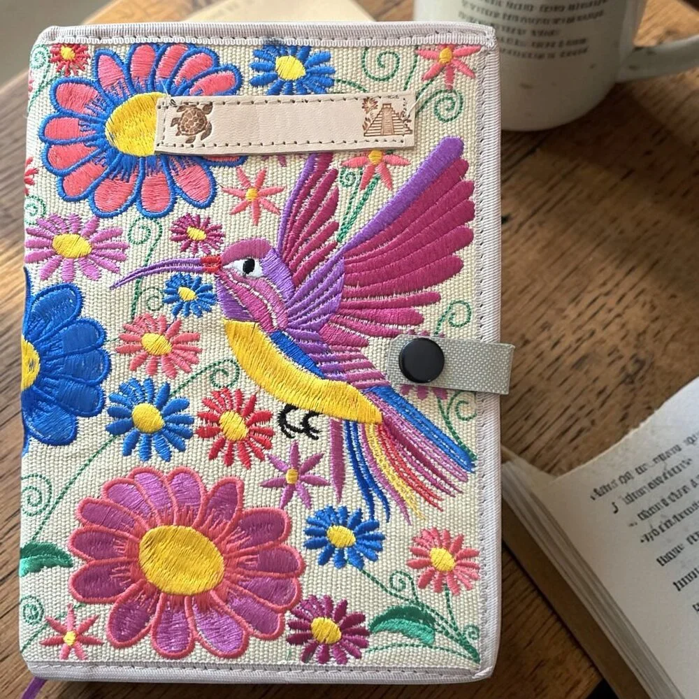Mexicana Embroidered Tan with Pink & Yellow Bird & Flower Notebook with Pen- New